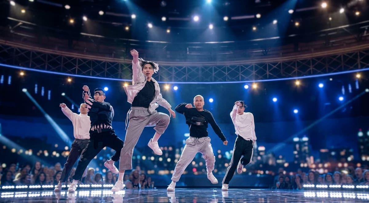 Dancers leaping mid-air on a stage